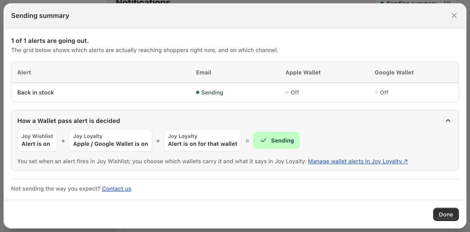 Sending summary showing how a Wallet pass alert is decided